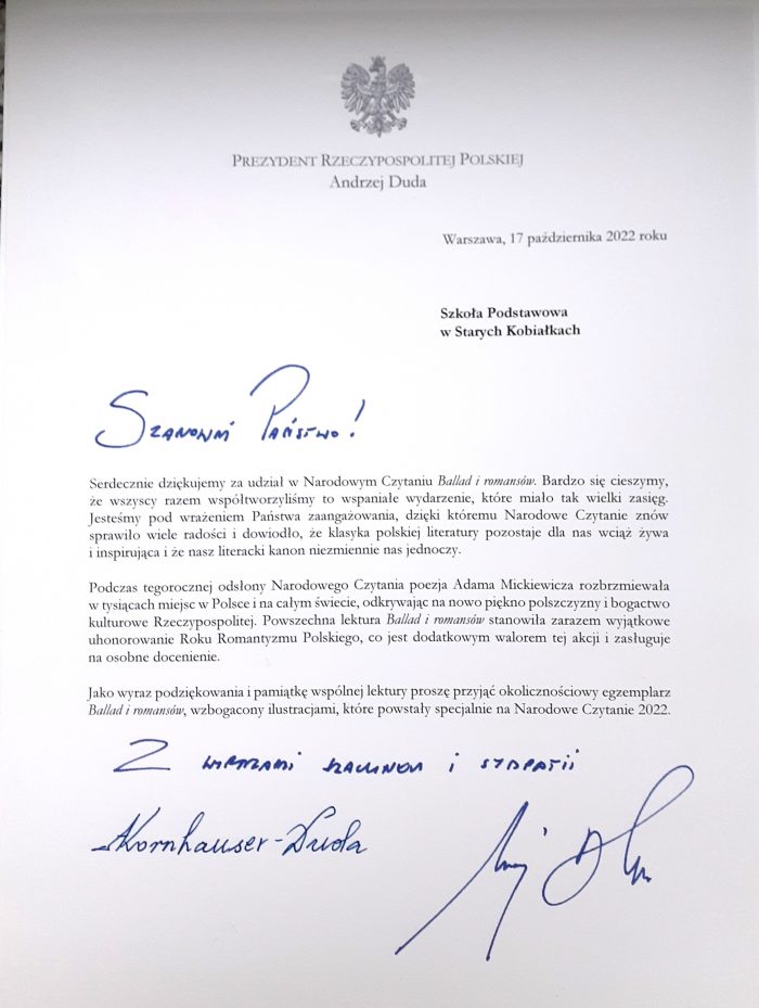 Miniaturka artykułu Podziękowanie Prezydenta RP Pana Andrzeja Dudy